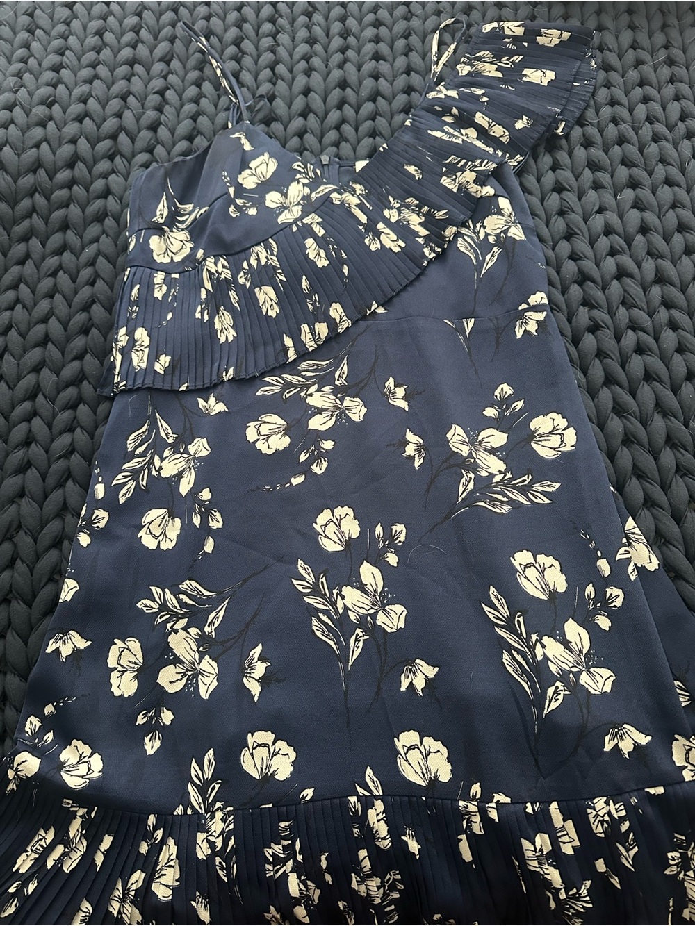 One-Shoulder Ruffle Detail Navy Floral Mini Dress with Cream Print